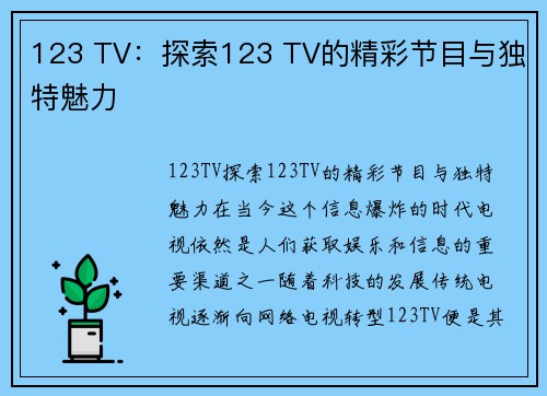 123 TV：探索123 TV的精彩节目与独特魅力